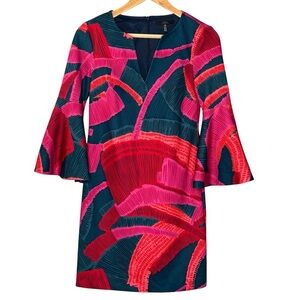 Trina Turk dress navy blue pink leaf print sheath bell sleeve size XS